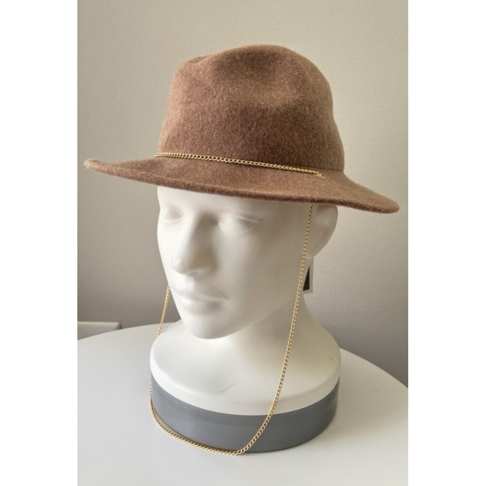 NWT Tirabasso Wool Fedora Hat women's 100% wool brown  ITALY gold chain